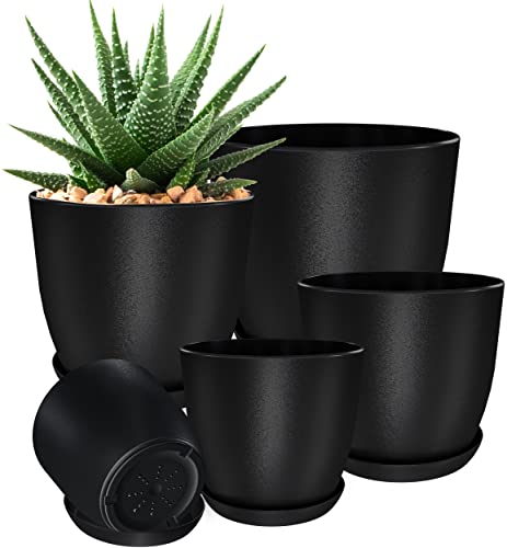 Utopia Home - Plant Pots Indoor with Drainage - 7/6.6/6/5.3/4.8 Inches Home Decor Flower Pots for Indoor Planter - Pack of 5 Plastic Planters for Indoor Plants, Cactus, Succulents Pot - Black - Pack of 5 - Black