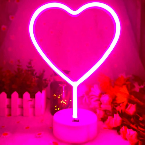VIFULIN Neon Heart Light Heart Neon Sign Pink Heart Led Light with Base, Light up Heart USB/Battery Powered Neon Sign Heart Decor for Bedroom, Valentines Day Decor Pink Room Decor for Teen Girls - Pink