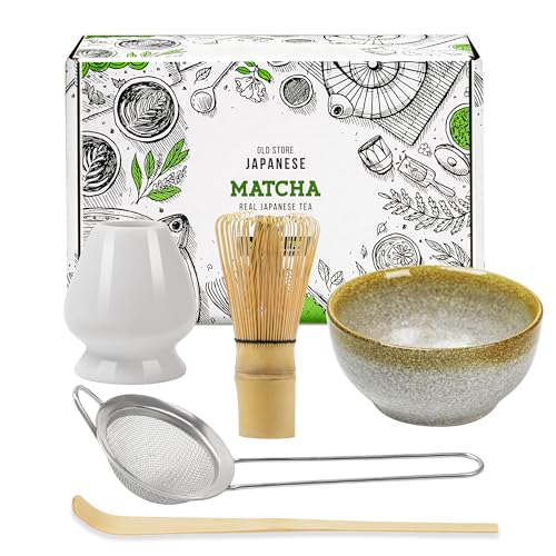 KAISHANE Bamboo Matcha Tea Whisk Set of 5 Including 100 Prong Matcha Whisk, Whisk Holder,Traditional Scoop,Tea Sifter,and Ceramic Matcha Bowls