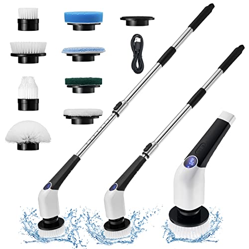 DOOOB Electric Spin Scrubber, 2024 New Cordless Voice Cleaning Brush with 8 Replaceable Brush Heads, 3 Adjustable Speeds Electric Scrubber with Extension Handle for Bathroom, Kitchen, Bathtub, Floor - White