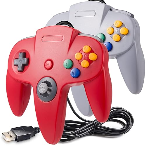 2 Pack Classic N64 Controller, suily N64 Wired USB PC Game pad Joystick, N64 Bit USB Wired Game Stick Joy pad Controller for Windows PC MAC Linux Raspberry Pi 3 Sega Genesis (Gray/Red) - Gray/Red