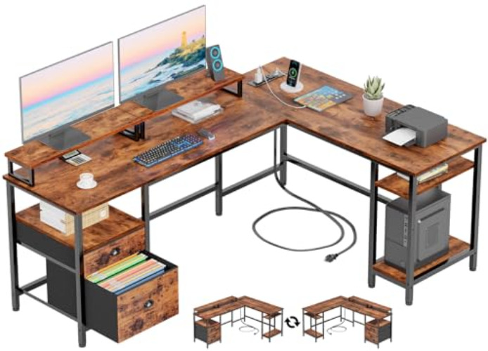 Furologee 66” L Shaped Desk with Power Outlet, Reversible Computer Desk with File Drawer & 2 Monitor Stands, Home Office Desk with Storage Shelves, Corner Desk for Gaming Writing, Rustic Brown - Rustic Brown - 66 inch With Outlets