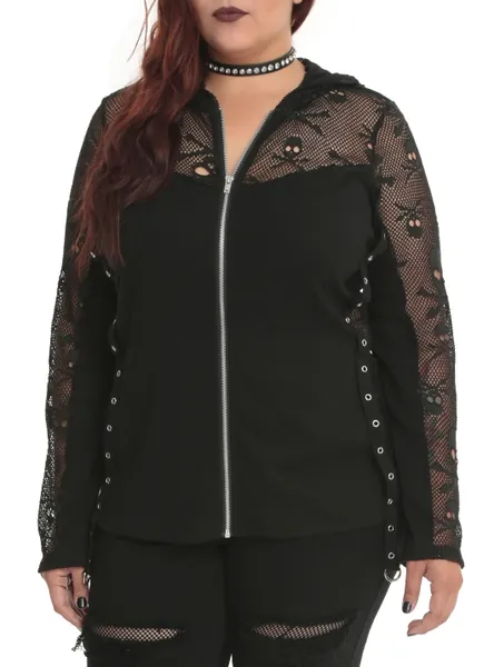 Tripp Plus Size Gothic Black Skull Lace Mesh Zip Hoodie [RX1720X] - $69.99 : Mystic Crypt, the most unique, hard to find items at ghoulishly great prices!