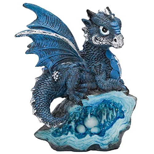 Auhafaly Blue Medieval Baby Dragon with Crystal Egg Nest Decorative Figurine