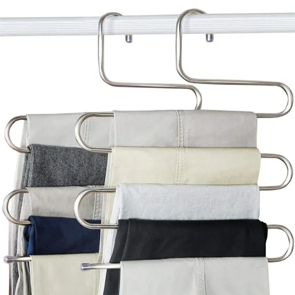devesanter Pants Hangers Non-Slip S-Shape Trousers Hangers Stainless Steel Clothes Hangers Closet Storage Organizer for Pants Jeans Scarf (4 Pack with 10 Clips) - Silver