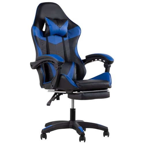 Kingshouse | Ergonomic Reclining Gaming Chair – Black with Blue – with Adjustable Height – with Footrest – Gaming Chair with 360° Swivel – Desk, Home, Office