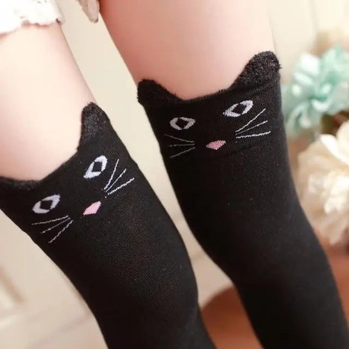Soft Cotton Animal Thigh Highs for Littles Size XS-XL - Black Cat