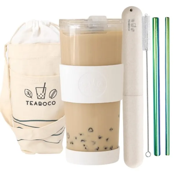 All-in-One herbruikbare Bubble Tea Cup / Smoothie Tumbler - 700ml glazen Boba Cup met lekvrij deksel, siliconen hoes en twee metalen rietjes
