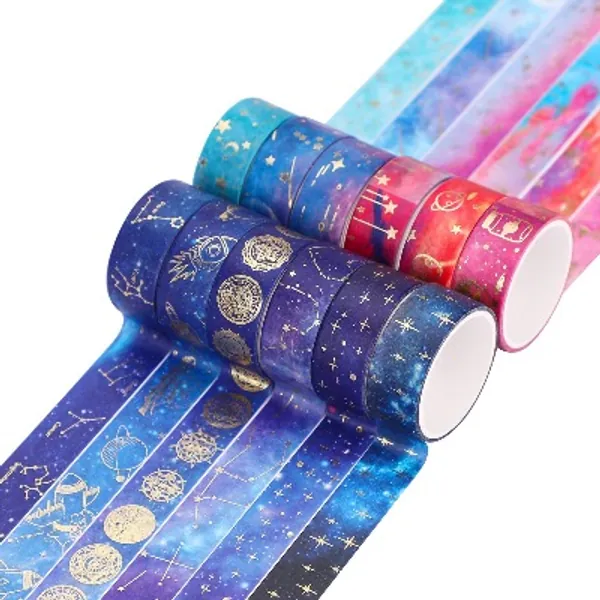 12 rollen Washi Tape Set, Sterrenhemel Multi-Patroon Decoratieve Washi Tape Decoratieve Gouden Folie Masking Tape voor Scrapbooks Decoratieve Tape Japanse Washi Masking Tapes voor DIY Decor en Craft 15 mm x 2 m