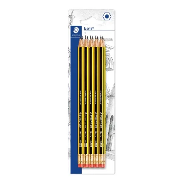 Staedtler 122-2 BK10ST Noris Potlood, HB, Zeskant, Met Gum, Onbreekbare Potloden, 10 Stuks