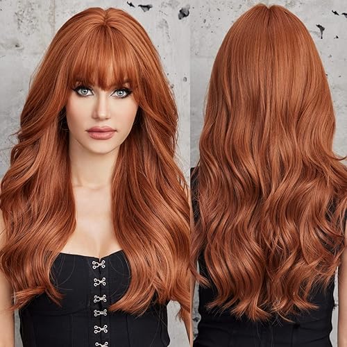 EMMOR Long Auburn Wave Wig with Bangs Red Orange Curly Wig for Women Synthetic Wig Natural Looking Heat Resistant Fiber Wigs - Strawberry Blonde