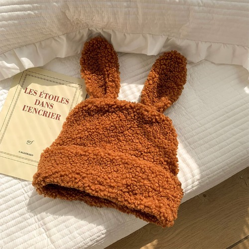 Bunny Ears Lambswool Beanie Hat - Caramel / One Size