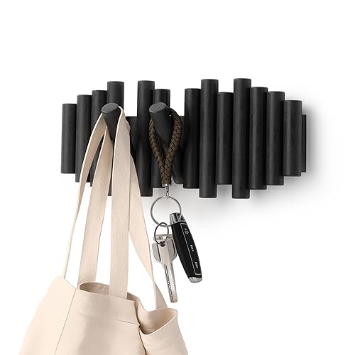 Umbra Picket Wall-Mounted Coat Rack Rail Hook with 5 Retractable Wood Pegs – Modern, Space-Saving Storage Organizer, Black - Black
