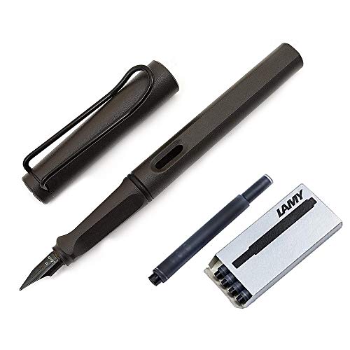Lamy Safari Fountain Pen, Medium Nib + 5 Black Ink Cartridges (Matte Black) - Matte Black