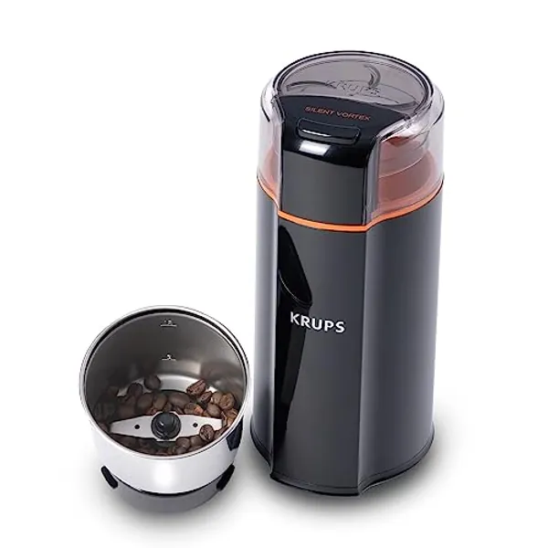 KRUPS: 3oz Silent Vortex Coffee and Spice Grinder with Removable Bowl Easy to Use, 5 Times Quieter 175 Watts Coffee, Spices, Dry Herbs, Nuts, Dishwasher Safe Bowl, 12 Cup Black - Silent Blade Grinder with removable bowl - Black