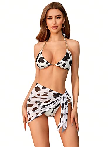 WDIRARA Women's 3 Piece Swimsuit Cow Print Chain Halter Bikini Swimwear with Beach Skirts - Large - Multicolor