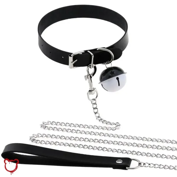 Leather Bell Chain Collar - Black / Bell