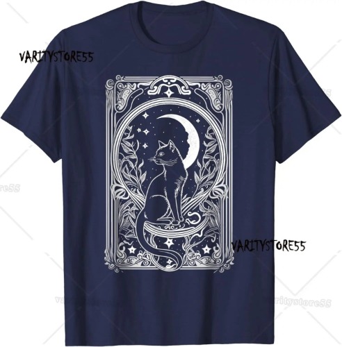 Cute Cat Moon Tarot Card Themed T-Shirt - black / XL