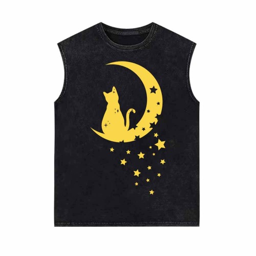 Magical Cat with Moon Star Vintage Washed Vest Top - Black / XL (Bust 124 cm)