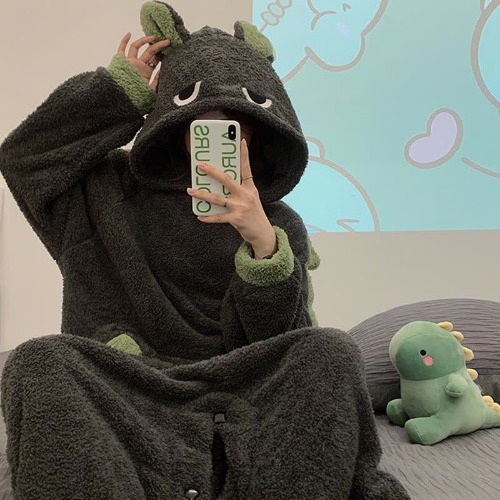 Cute Cartoon Dinosaur Plush Hooded Jumpsuit Pajamas  