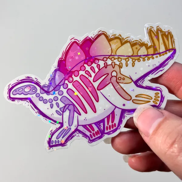 Disintegrated Bones Stego - Halloween Dino Paleontology Sticker - Water Resistant Glossy and Holographic Sticker, Water bottle or journal