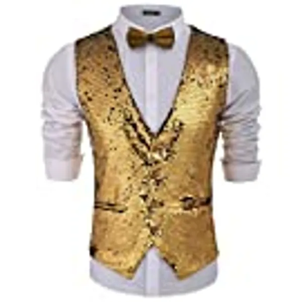 COOFANDY Men's Slim Fit Sequins Vest V-Neck Shiny Party Dress Suit Stylish Vest Waistcoat