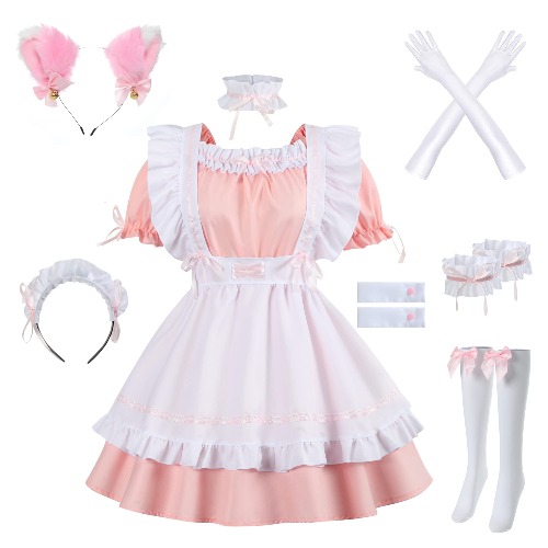 Catchcostume Cute Anime French Maid Dress 12Pcs Cake Skirt Heart Choker Cosplay Costume Party Cat Ear Gloves Socks Set - Large - Pink