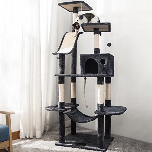 P PURLOVE Cat Tree with Scratching Posts, 170cm Cat Tower Activity Centre with Condo/Dangling Toys/Hammock, Large Cat Tree Cat Climbing Tower for Indoor Cats (Grey)