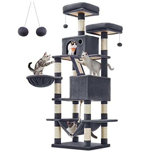 Feandrea Cat Tree, 168 cm Large Cat Tower with 13 Scratching Posts, 1 Scratching Ramp, 2 Perches, 2 Caves, Basket, Hammock, Pompoms, Multi-Level Plush Cat Condo for Indoor Cats, Smoky Grey PCT165G01 - L (55 x 45 x 168 cm) - Smoky Grey