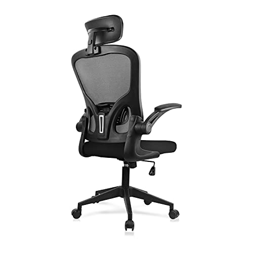 JAJALUYA Office Chair Mesh Computer Chair with Adjustable Headrest and Lumbar Support Desk Chair Ergonomic Office Chair with Flip-up Armrest for Home Office Study (Black) - Black