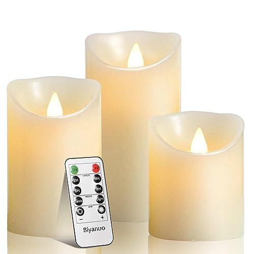 Biyanuo LED-Kerzen, flammenloses kerzenlichter，10,2 cm, 12,7 cm, 15,2 cm, Echtwachskerze, Stumpenkerze, Fernbedienung mit 10 Tasten, mit 24-Stunden-Zeitschaltuhr… - 3pack Elfenbein