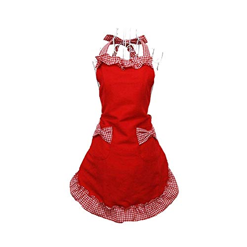HANERDUN Kochschürze Frauen Damen Schürze Küchenschürze Rot Verstellbar Petticoat mit zwei Taschen Bowknot Schleife für Kochen Backen Grillen Geschenk Idee - Style 1-Red
