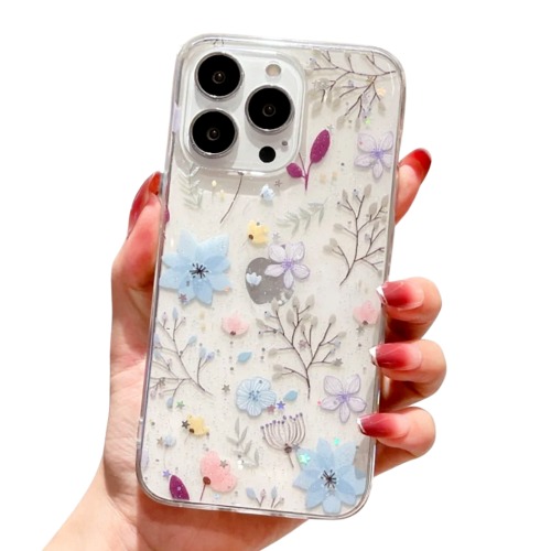Blue Flowers Sparkly Case for iPhone - For iPhone 14 PRO MAX