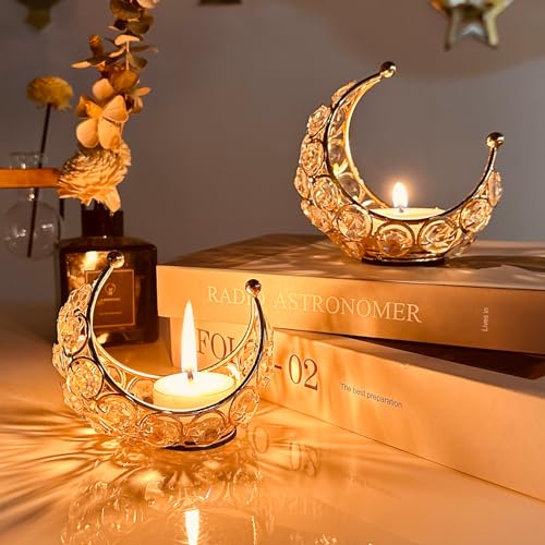 Ramadan Deko Teelichthalter Gold Deko Wohnzimmer Modern Moon Kerzenständer Kristall Kerzenhalter Moon Teelichthalter Metall Windlichter Tischdeko für Hochzeit Party Ramadan Dekoration (Gold 2 Stück) - Gold 2 Stück
