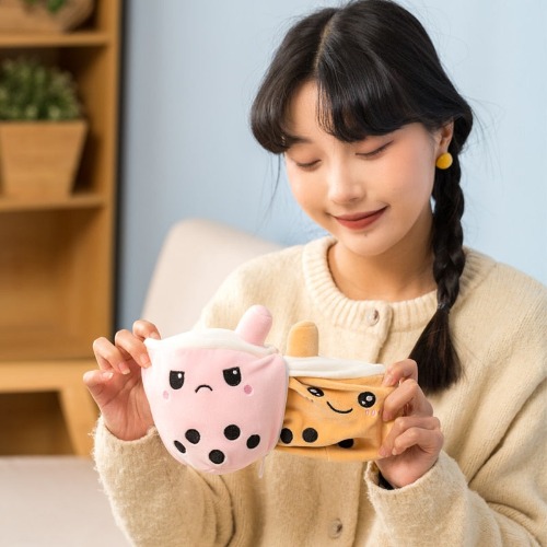 Reversible Boba Plushie - Classic Milk Tea + Strawberry Milk Tea 
