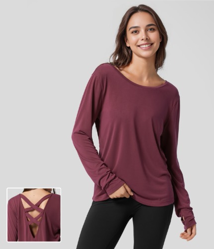 Round Neck Backless Crisscross Back Long Sleeve Thumb Hole Solid Yoga Sports Top