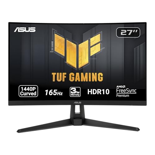 ASUS TUF Gaming 27 inch VG27WQ1B Monitor | 1440P WQHD (2560 x 1440) | 165Hz (Supports 144Hz) | HDMI DisplayPort - 27" Curved QHD 165Hz FreeSync Premium
