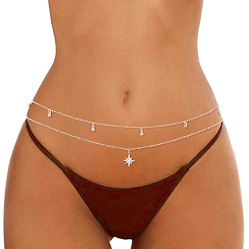 Wriidy Layered Beads Waist Chain Gold/Silver Sun Belly Chain Bikini Body Chain Women Adjustable Beach Waist Jewelry Accessories for Girls - Medium - Silver
