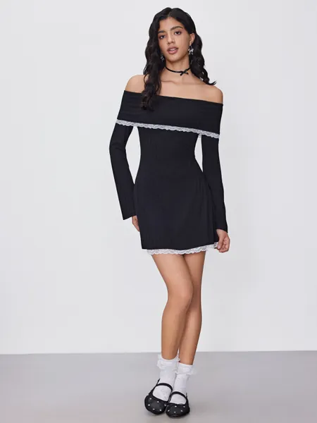 Off-shoulder Lace Trim Rib Mini Dress