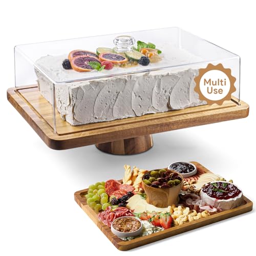Homesphere Acacia Wood Cake Stand with Lid - Rectangular Cake Holder, 2-in-1 Dessert Table Display Set & Charcuterie Board for Cheese, Chips, Fruit Platter, Large Acrylic Cake Dome Cover, No Glass