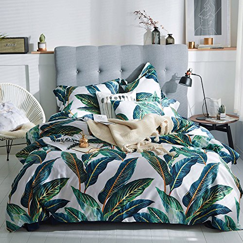 MKXI Home Duvet Cover Set Zipper Closure Vintage Print Quilt Cover Set White King Green Tropical Leaves Pattern Reversible Cotton Luxury Bedding Collection - King - A1#white/Leaves