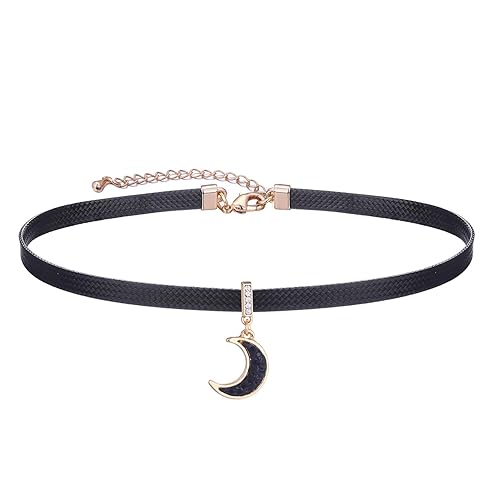Yonhon Black Choker Necklace for Women,Gold/Siver Tone Choker Necklace with Elegant Pendant - Moon