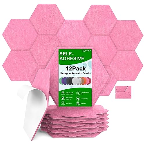 12 Pack Self-adhesive Hexagon Acoustic Panels Beveled Sound Proof Foam Panels, 12"X12"X 0.45" High Density Sound Proofing Padding for Wall, Acoustic Treatment for Studio, Home,Office (Pink)