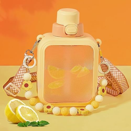 excvalues 25oz Cute Square Water Bottle with Straw and Detachable Carry Handle, Reusable, BPA Free,Kawaii Portable Transparent Water Cup with Stickers for School Office Travel(Yellow) - Yellow