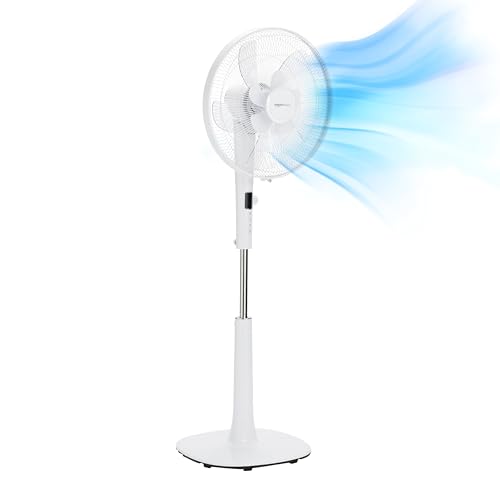 Amazon Basics 16-Inch Pedestal Floor Fan: Quiet and Energy-Efficient DC Motor with 12 Speeds, Oscillating Blades, Remote Control, Timer, Tilted Head - Sleek White Design - 12-Speed DC Motor Fan