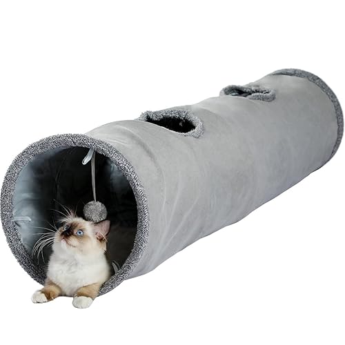 PAWZ Road Cat Tunnel 51 Inches Long Cat Toys Collapsible Tunnel 12 Inches in Diameter Large Cat Tube for Big Cat,Rabbits and Puppy- Large - Suede - Large-51"