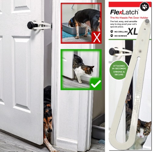 FlexLatch Cat Door Holder Latch - Extra Large Cat Door Alternative Installs Fast Flex Latch Strap Let's Cats in and Keeps Dogs Out of Litter & Food. Safe Baby Proof One Piece No Measuring Extra Easy - White X-Large