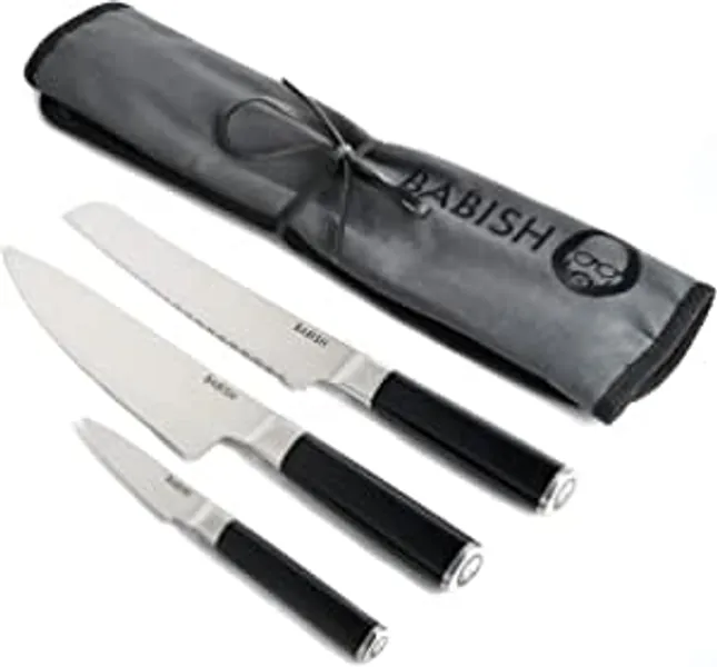 Babish German High-Carbon 1.4116 Steel Cutlery, 3-Piece (Chef Knife, Bread Knife, & Pairing Knife) w/Knife Roll - 3-Piece w/Knife Roll High Carbon Stainless Steel