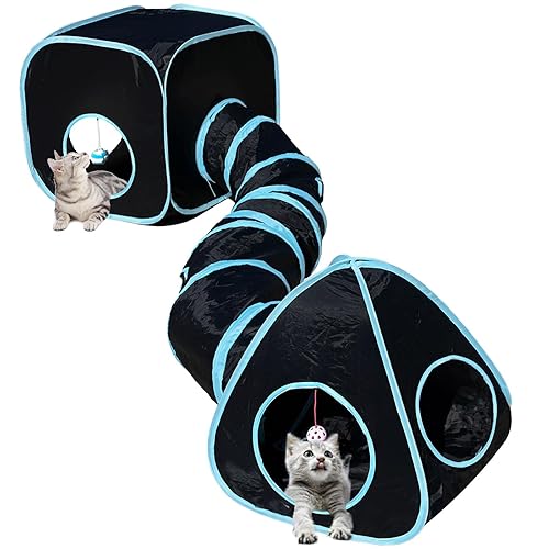 GONPETGP Cat Tunnels for Indoor Cats with Cube Tent Toys Combo, Pop Up Collapsible Crinkle Interactive Peek Hole, Cat Tube with Play Ball and Bell for Kitten, Puppy, Kitty, Rabbit - Set of 3 - A-Black