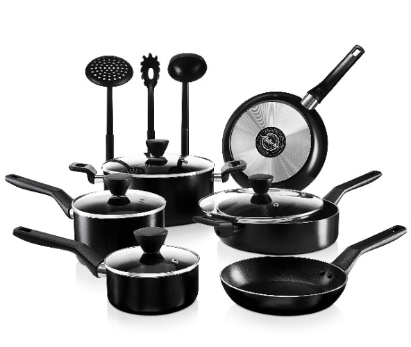 NutriChef 13-Piece Nonstick Cookware PTFE/PFOA/PFOS Free Heat Resistant Kitchen Ware Set w/Saucepan, Frying Pans, Cooking Pots, Casserole, Lids, Ladle, Fork, Strainer NCCWA13, Black - Black